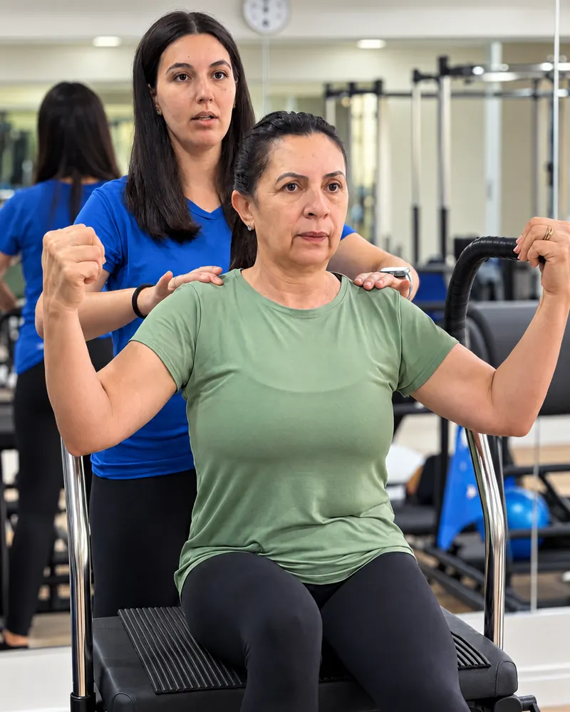 Professora corrige a posição dos ombros de uma aluna no aparelho de Pilates